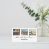 写真x3文字とQRコードまたはロゴ 名刺 (スタンド正面)