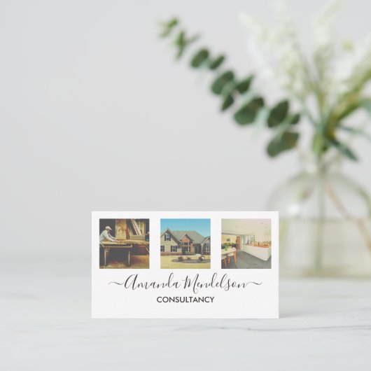 写真x3文字とQRコードまたはロゴ 名刺 (スタンド正面)