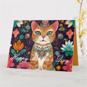 冠をかぶった宝石をちりばめた猫 カード (黄色い花)