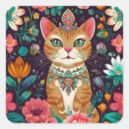 冠をかぶった宝石をちりばめた猫 スクエアシール