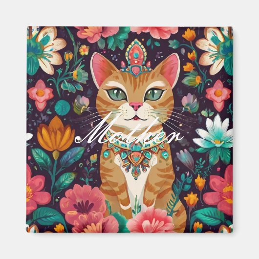 冠をかぶった宝石をちりばめた猫 マグネット (正面)