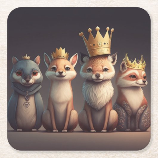冠をかぶった野生動物 スクエアペーパーコースター (正面)