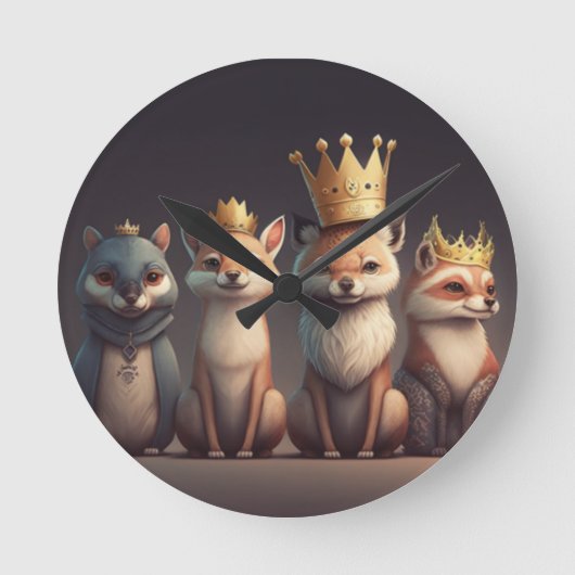 冠をかぶった野生動物 ラウンド壁時計 (正面)