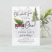 冬ああ何おもしろいクリスマスツリーファースト誕生日 招待状 (スタンド正面)