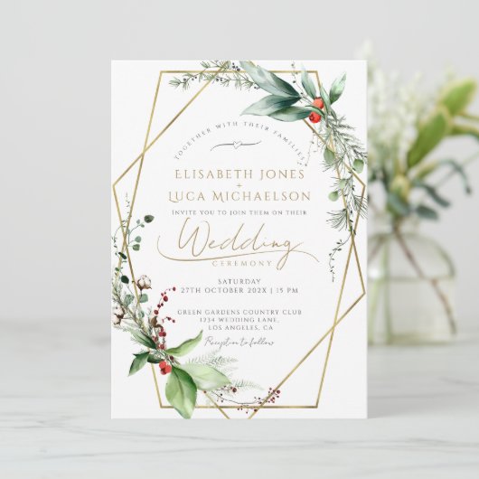 冬お洒落の離れベリー金ゴールドモノグラム結婚ズ 招待状 (スタンド正面)