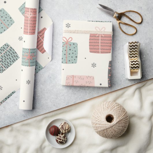 冬かわいいギフトパステルパターンクリスマス ラッピングペーパー (クラフト)