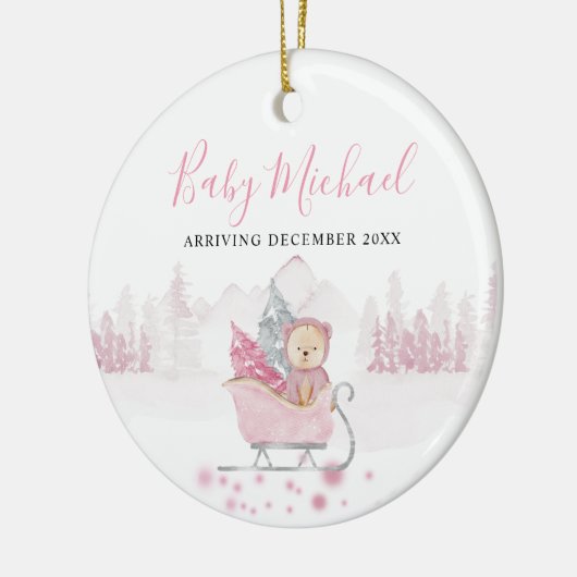 冬かわいいクマのベビーガール妊娠のお知らせ セラミックオーナメント (左)