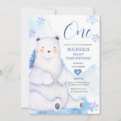 冬かわいいクマ雪片フォレストファースト誕生日 招待状 (正面)