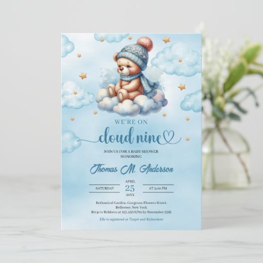 冬かわいいテディベア雲9男の子ベビーシャワー 招待状 (スタンド正面)