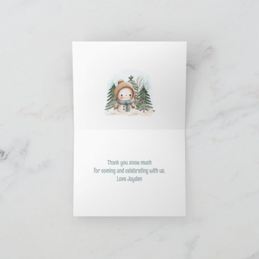 冬かわいいブルー雪だるま少年1歳の誕生日 サンキューカード (内部)