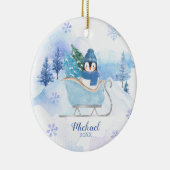 冬かわいいペンギンブルー雪片の山 セラミックオーナメント (右)