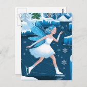 冬かわいい氷のスケートで滑る妖精ブルーホワイト ポストカード (正面/裏面)