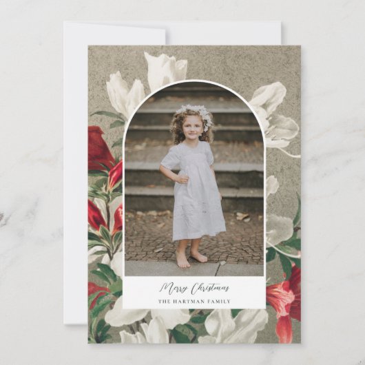 冬かわいらしの花模様写真アーチクリスマス シーズンカード (正面)