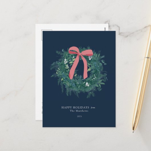 冬かわいらしリースファミリーホリデーハガキ シーズンポストカード (正面/裏面インサイチュ)