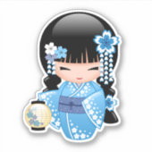 冬こけし人形 – 青い着物芸者ガール シール (正面)