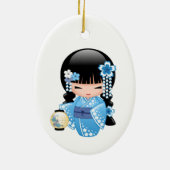冬こけし人形 – 青い着物芸者ガール セラミックオーナメント (裏面)