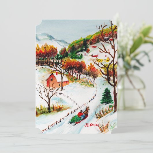 冬そりに乗る山のクリスマスウォーターの色 招待状 (スタンド正面)