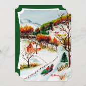 冬そりに乗る山のクリスマスウォーターの色 招待状 (正面/裏面)