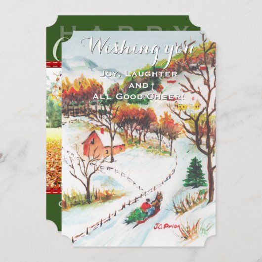 冬そりに乗る山のクリスマスフォトカード シーズンカード (正面/裏面)