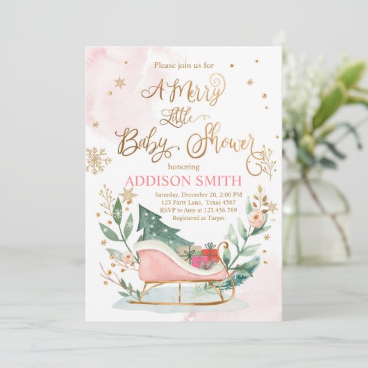冬そりのクリスマスメリーの小さな赤ちゃんシャワー 招待状 (スタンド正面)