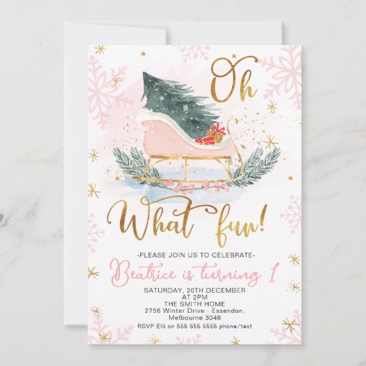 冬そりOh何おもしろい最初の誕生日投資 招待状 (正面)