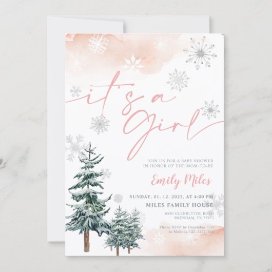 冬それは女の子の招待であるピンクの赤ちゃんシャワー 招待状 (正面)