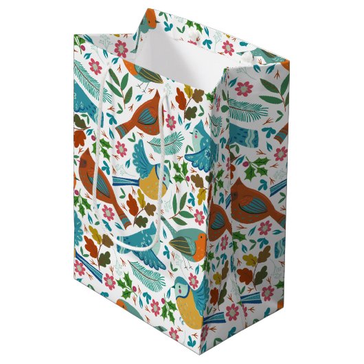 冬とカラフルクリスマスのシンボルを持つ鳥 ミディアムペーパーバッグ (正面アングル)