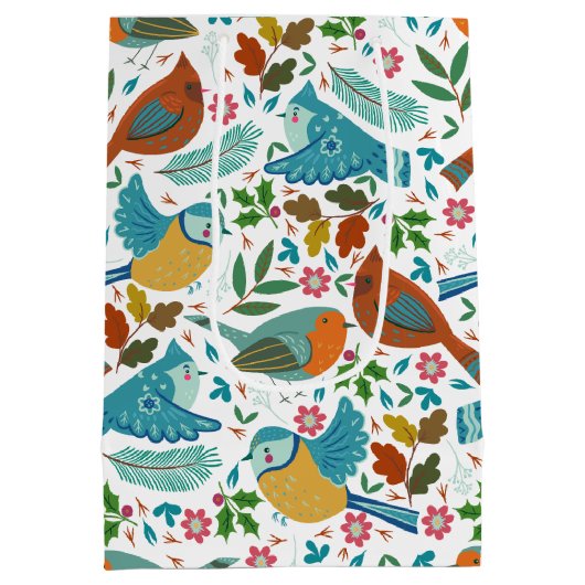 冬とカラフルクリスマスのシンボルを持つ鳥 ミディアムペーパーバッグ (裏面)