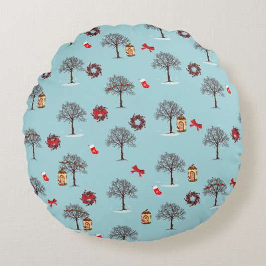 冬とクリスマスの装飾の木 ラウンドクッション (正面)
