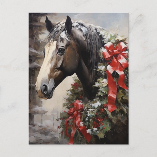 冬と美しい馬のリースクリスマス シーズンポストカード (正面)