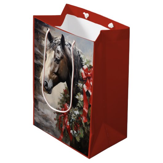 冬と美しい馬のリースクリスマス ミディアムペーパーバッグ (正面アングル)