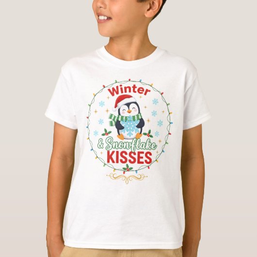 冬と雪のキス ペンギンの子供服 Tシャツ (正面)