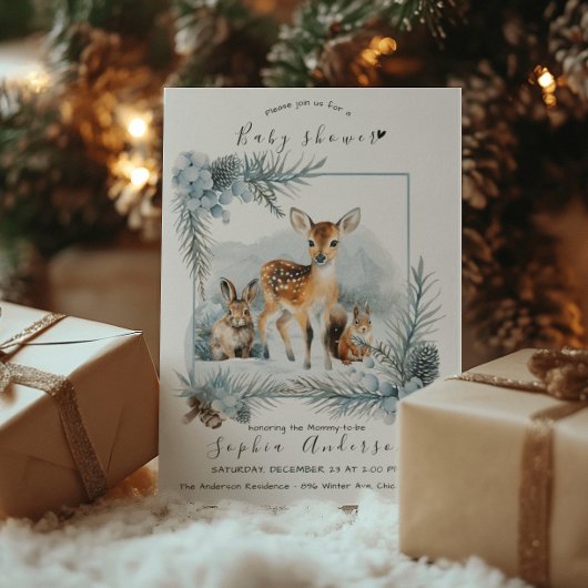 冬にかわいい動物の赤モダンちゃんシャワー 招待状