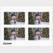 冬にクリスマスツリーを持つ雪だるま 長方形シール (シート)