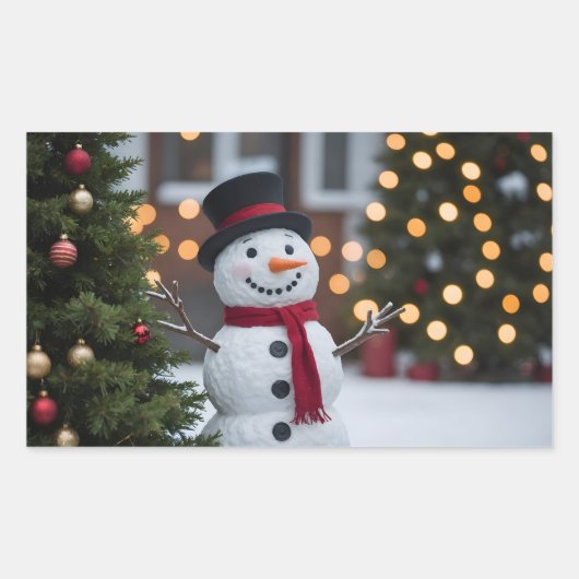 冬にクリスマスツリーを持つ雪だるま 長方形シール (正面)