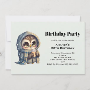 冬にコーヒーでかわいいフクロウ誕生日 招待状