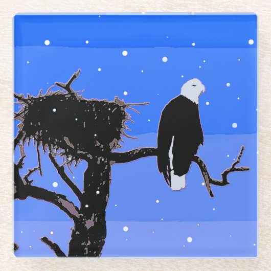 冬にハゲのワシ – オリジナル野生動物アート ガラスコースター (正面)
