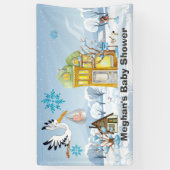 冬にベビーを家に運ぶコウノトリ 横断幕 (縦)