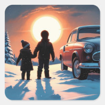 冬に夕日を眺める少女と少年