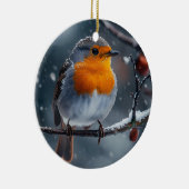 冬に枝の上に座っている小鳥 セラミックオーナメント (右)