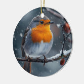 冬に枝の上に座っている小鳥 セラミックオーナメント (左)