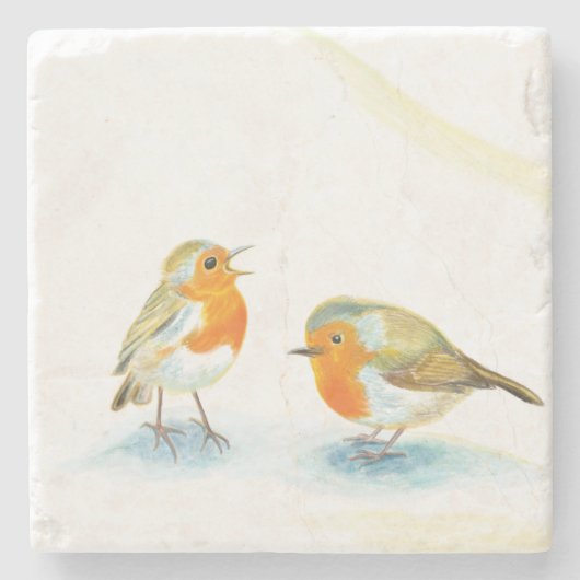 冬に赤いロビンスが2つ ストーンコースター (正面)