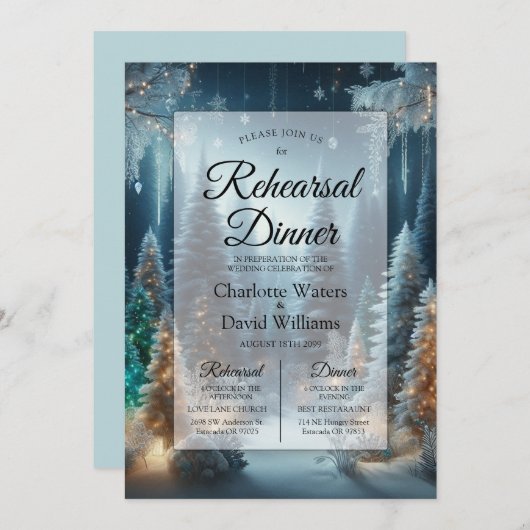 冬に霜の松の花のリハーサルディナー 招待状 (正面/裏面)