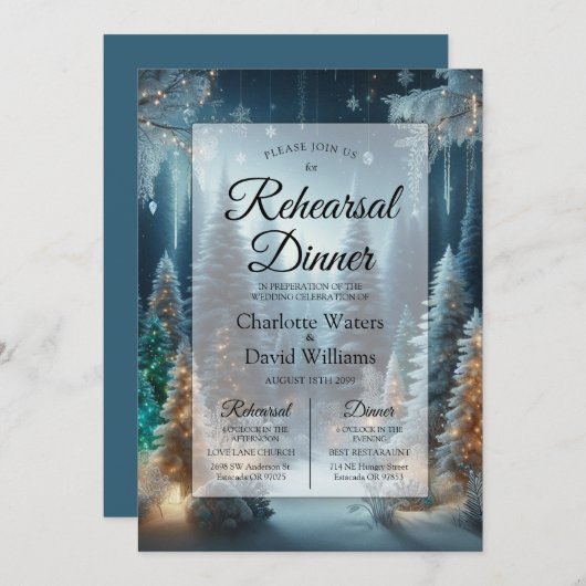冬に霜の松の花のリハーサルディナー 招待状 (正面/裏面)