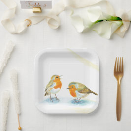 冬に2つの赤いロビンズイン紙プレート ペーパープレート