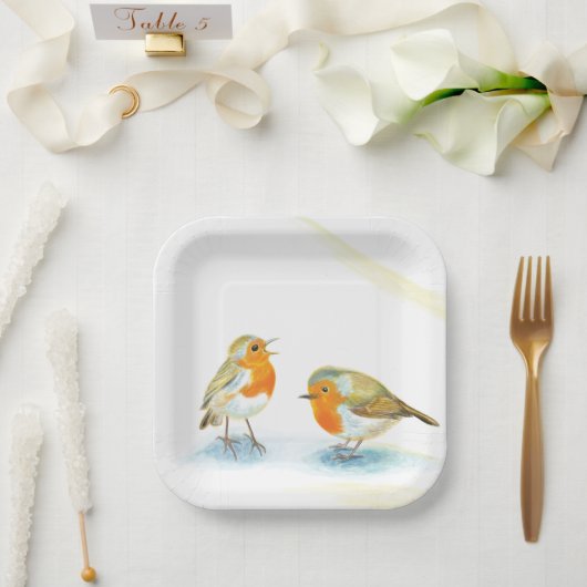 冬に2つの赤いロビンズイン紙プレート ペーパープレート (ウェディング)