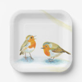 冬に2つの赤いロビンズイン紙プレート ペーパープレート (正面)