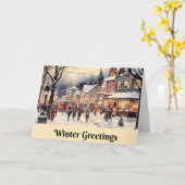 冬のあいさつ、雪の多い街の通り、 カード (黄色い花)