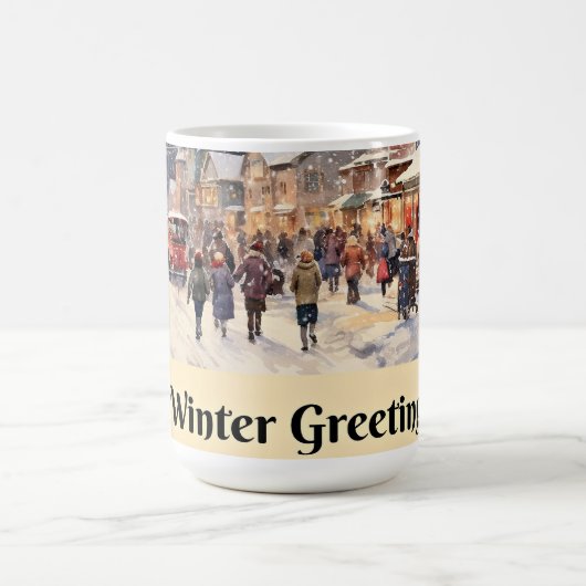 冬のあいさつ、雪の多い街の通り、 コーヒーマグカップ (中央)