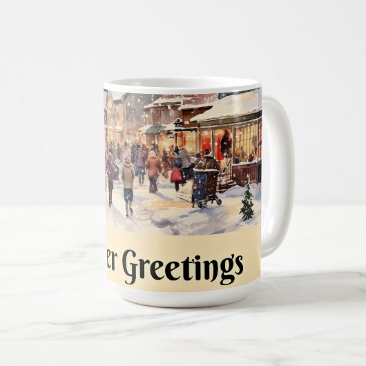 冬のあいさつ、雪の多い街の通り、 コーヒーマグカップ (正面右)